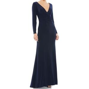Mac Duggal Long Sleeve Ruched Jersey V-Neck Gown Midnight Women’s Sz 14W